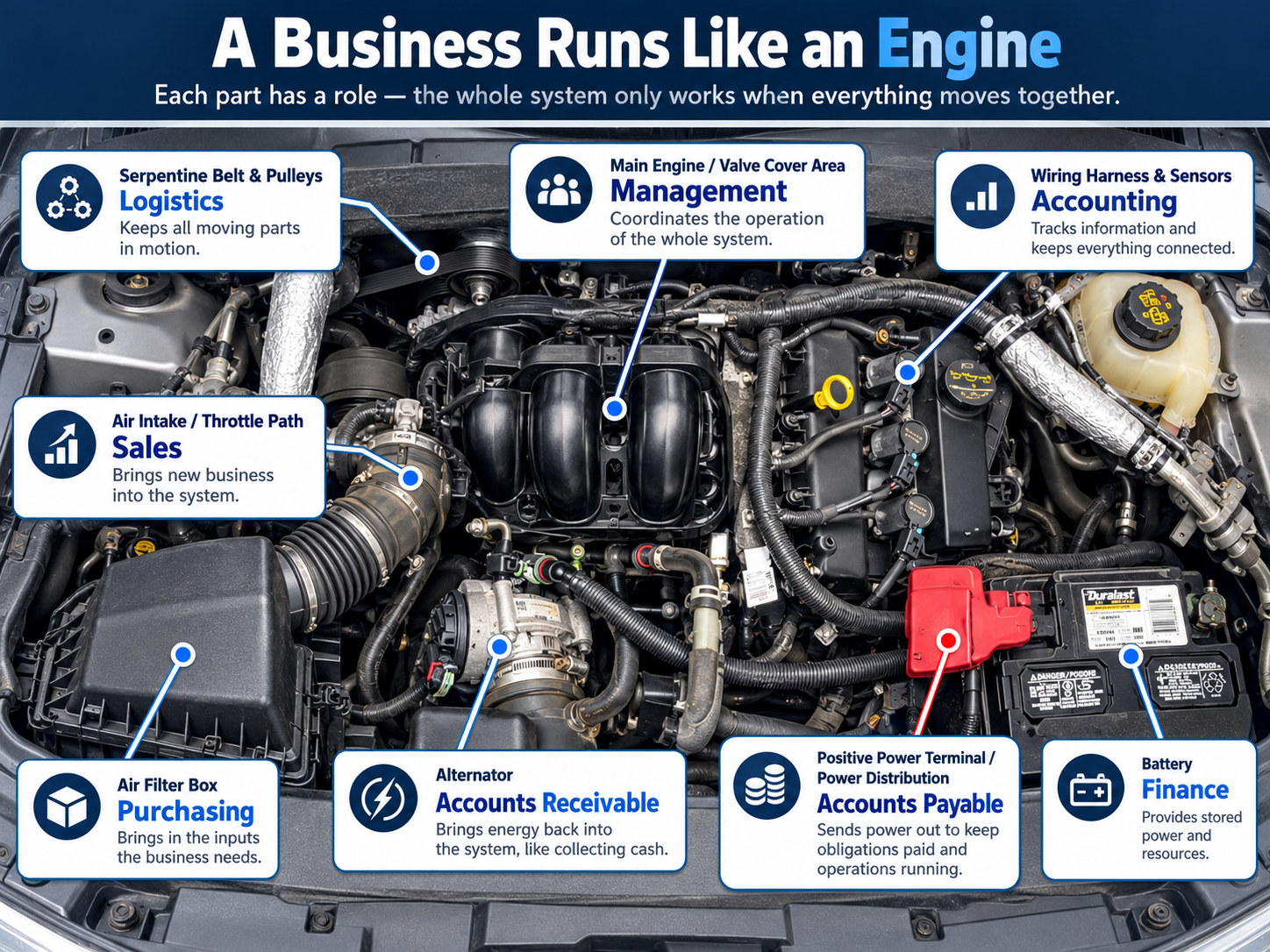 Infographic: a car engine bay where each part maps to a business function — logistics, sales, purchasing, accounts receivable, accounts payable, finance, accounting, and management