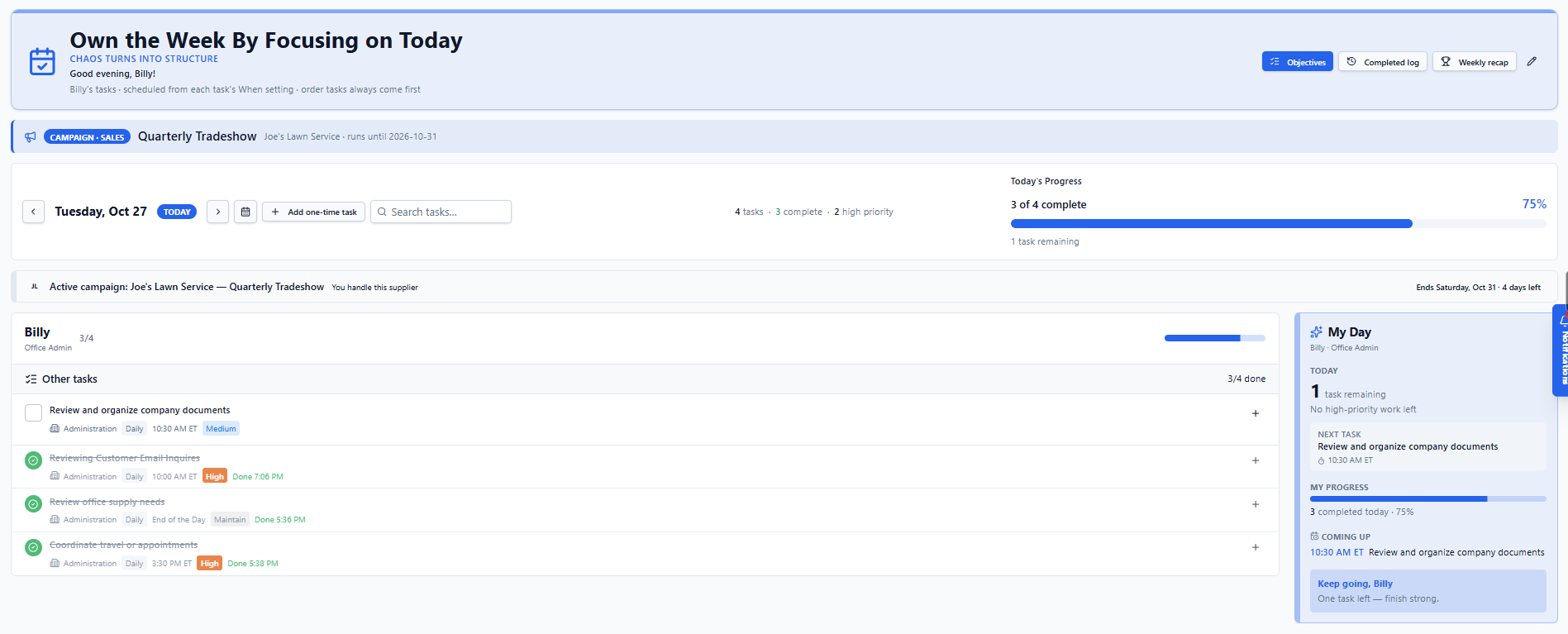 Today view showing Billy's task list with priorities and due times, today's progress bar, and the personal My Day panel